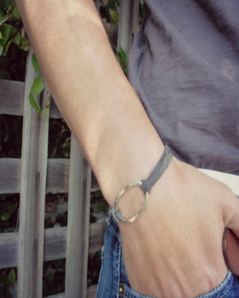 Oxidized Sterling Silver Oval Leather Bracelet: Harmony Jewelry