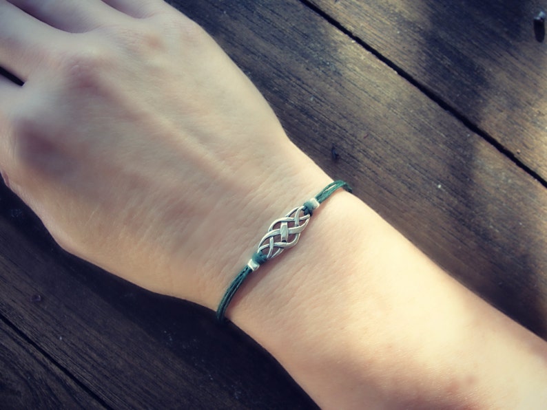 Sterling Silver Celtic Knot Bracelet: Green Irish Linen Cord - Number One Seller