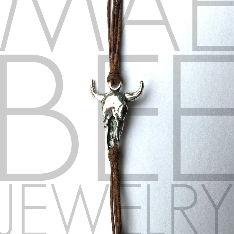 Sterling Silver Cow Skull Bracelet: Western Cord Bracelet Festival Jewelry