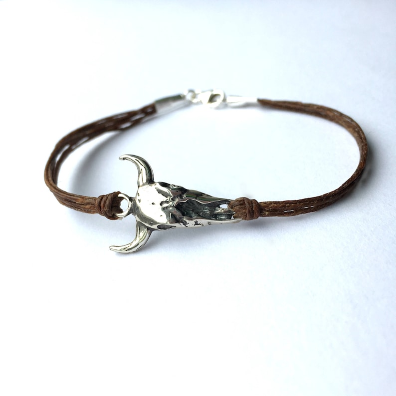 Sterling Silver Cow Skull Bracelet: Western Cord Bracelet Festival Jewelry
