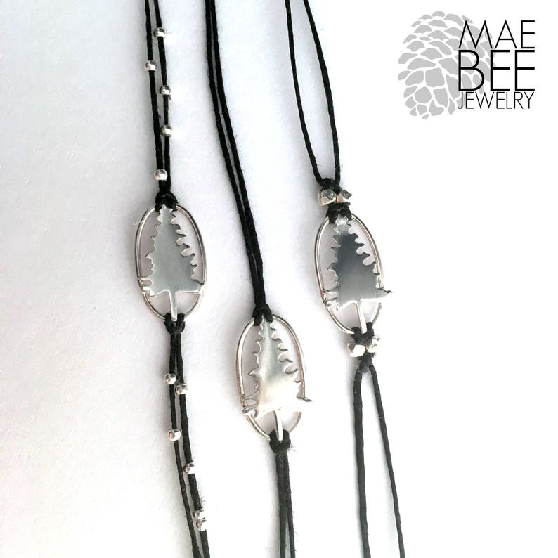 Sterling Silver Pine Tree Bracelet: Linen Cord Forest Jewelry
