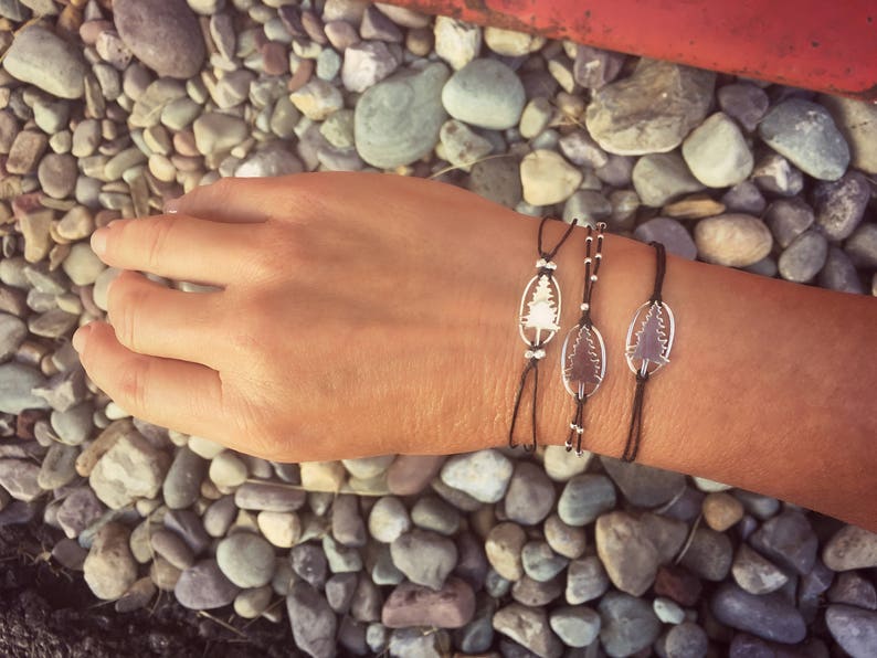 Sterling Silver Pine Tree Bracelet: Linen Cord Nature Jewelry