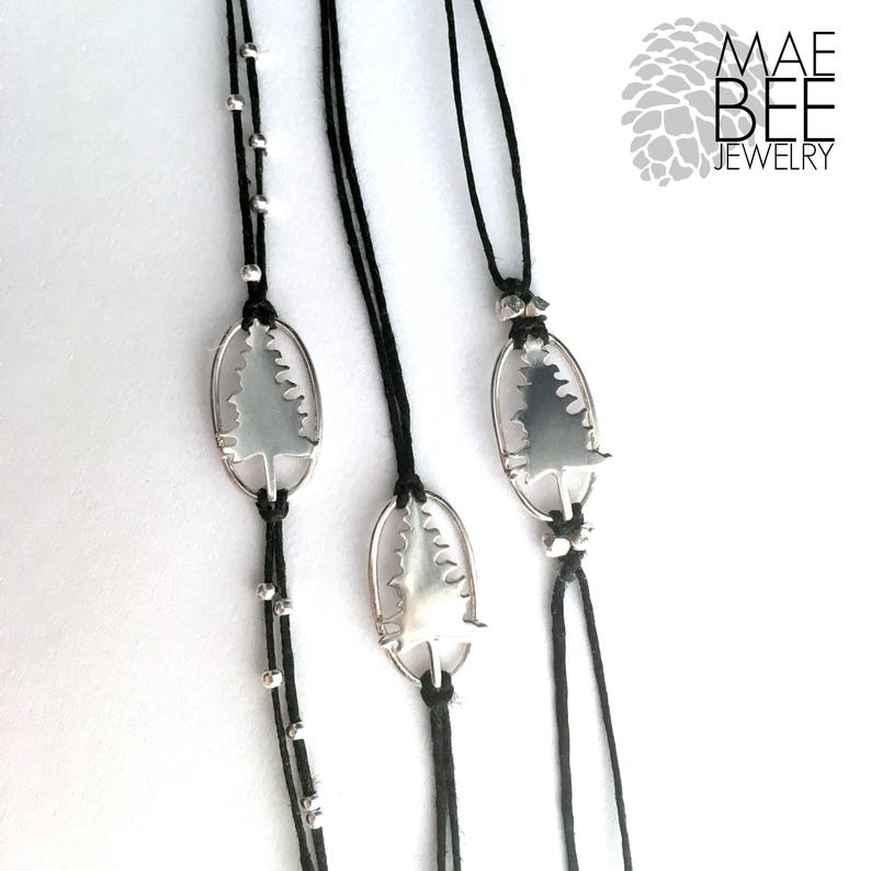 Sterling Silver Pine Tree Bracelet: Linen Cord Nature Jewelry