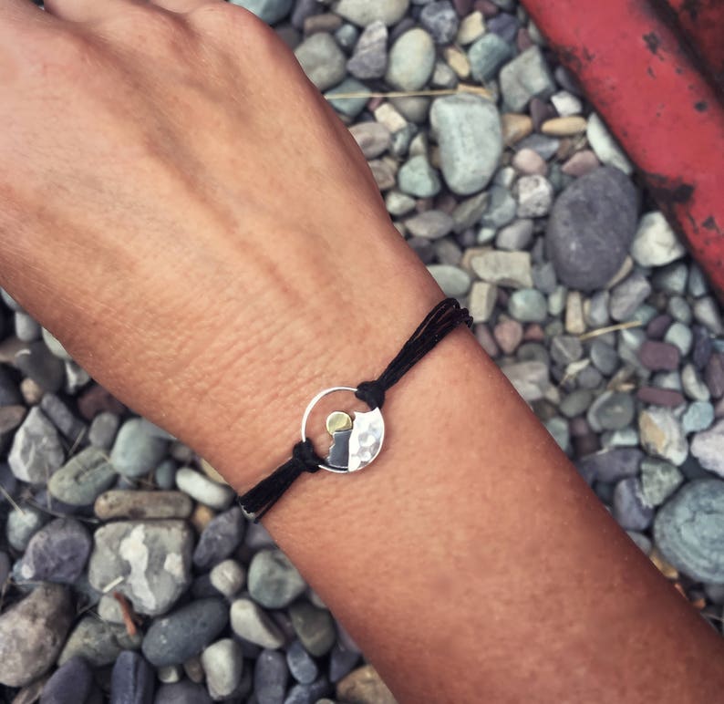 Sterling Silver Mountain Range Bracelet: Bronze Sun, Black Linen Cord