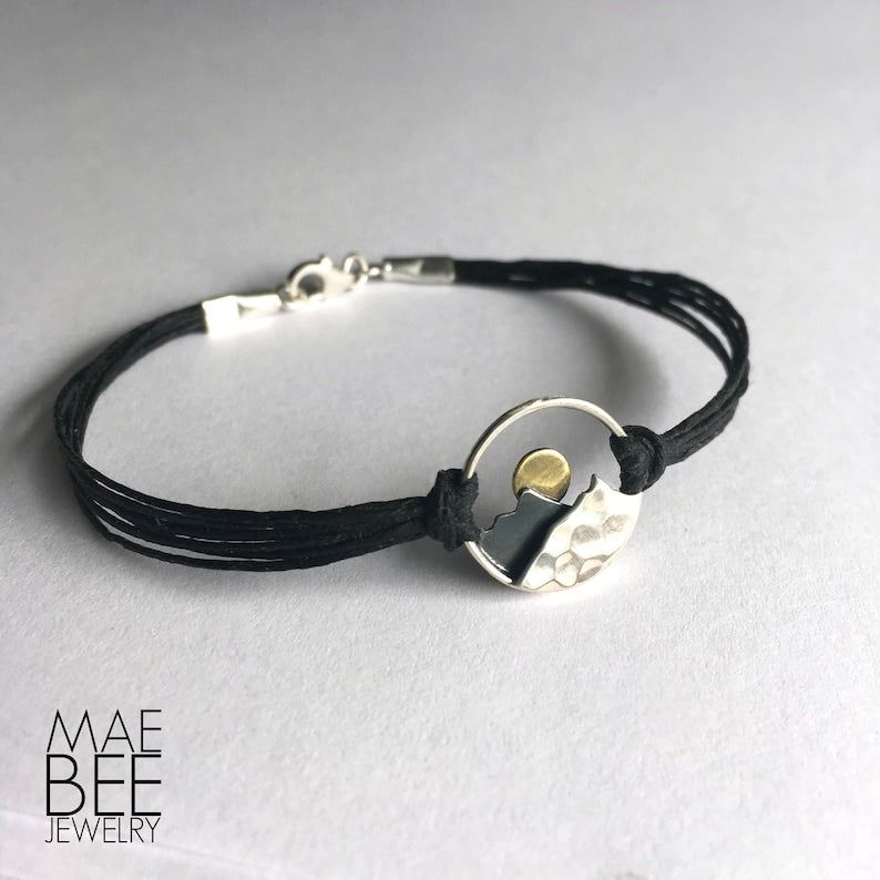 Sterling Silver Mountain Range Bracelet: Bronze Sun, Black Linen Cord