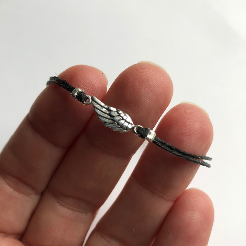LAST ONE - Sterling Silver Angel Wing Bracelet: Black Linen Cord Boho Jewelry