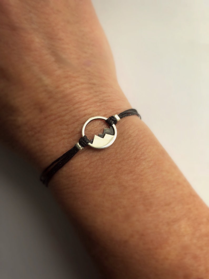 Sterling Silver Mountain Bracelet: Oxidized Detail, Linen Cord