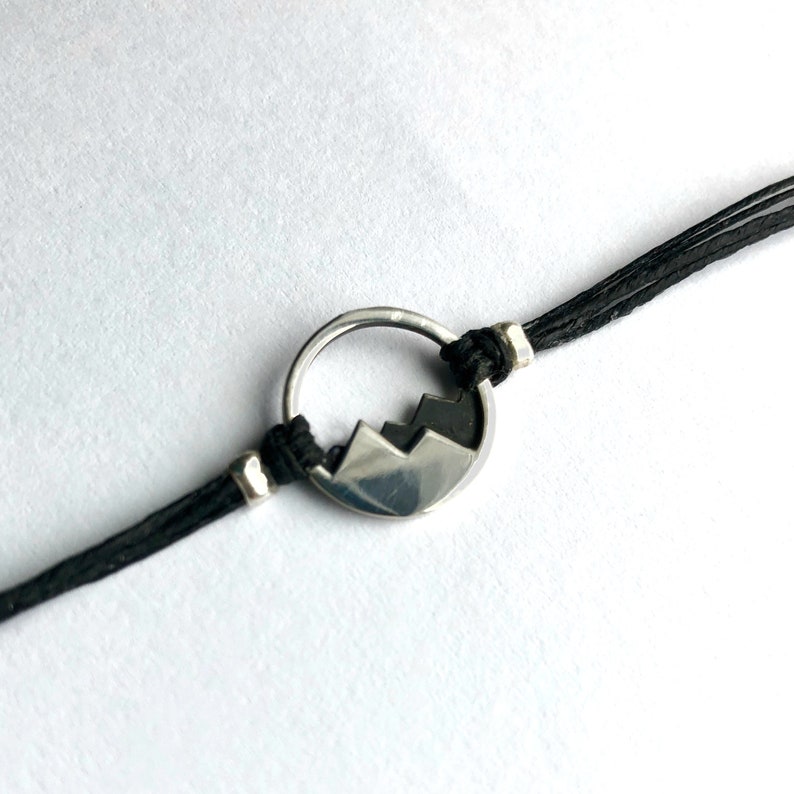 Sterling Silver Mountain Bracelet: Oxidized Detail, Linen Cord