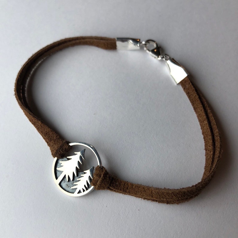 Sterling Silver Pine Tree Leather Bracelet: Nature Lover Jewelry
