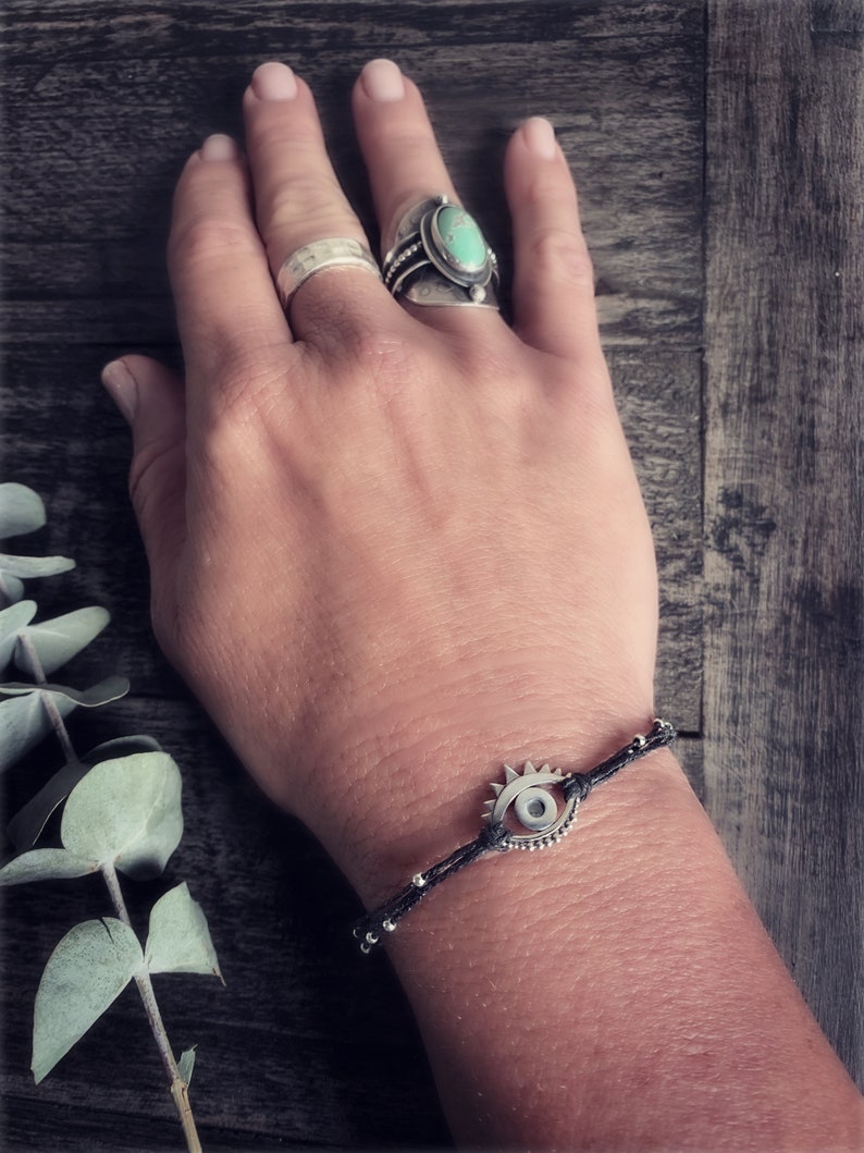 Sterling Silver Evil Eye Bracelet: Linen Cord Talisman Jewelry