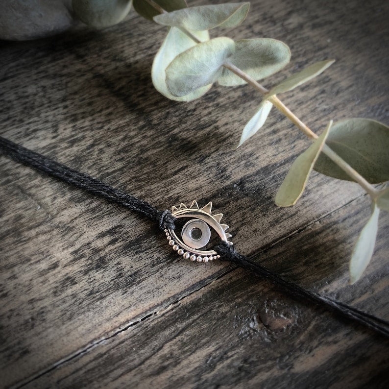Sterling Silver Evil Eye Bracelet: Linen Cord Talisman Jewelry