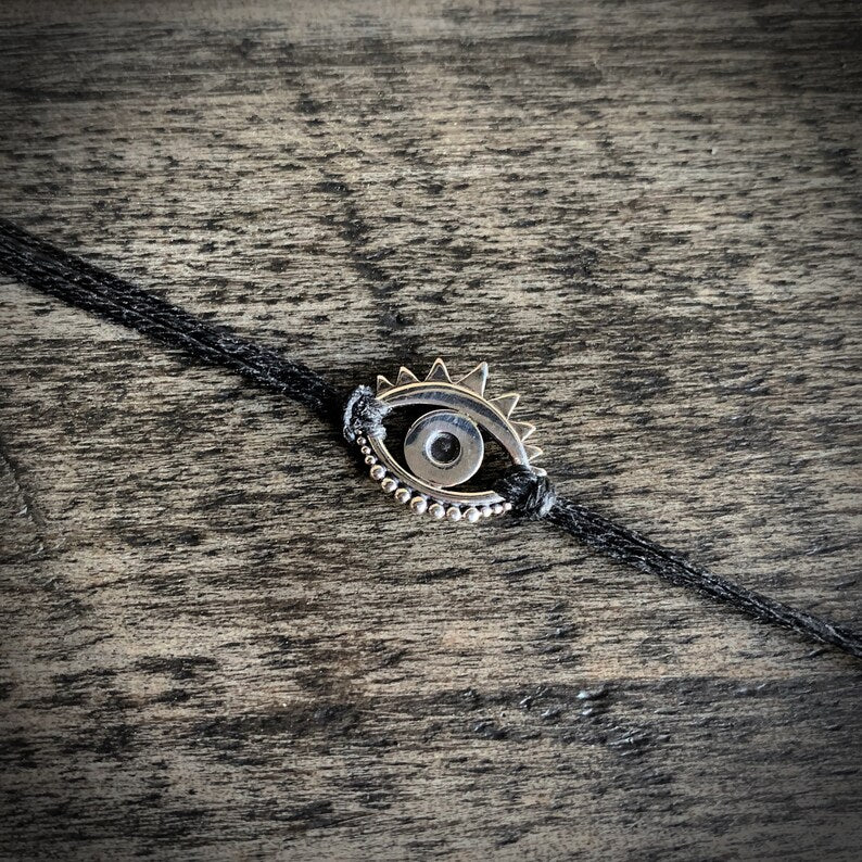 Sterling Silver Evil Eye Bracelet: Linen Cord Talisman Jewelry