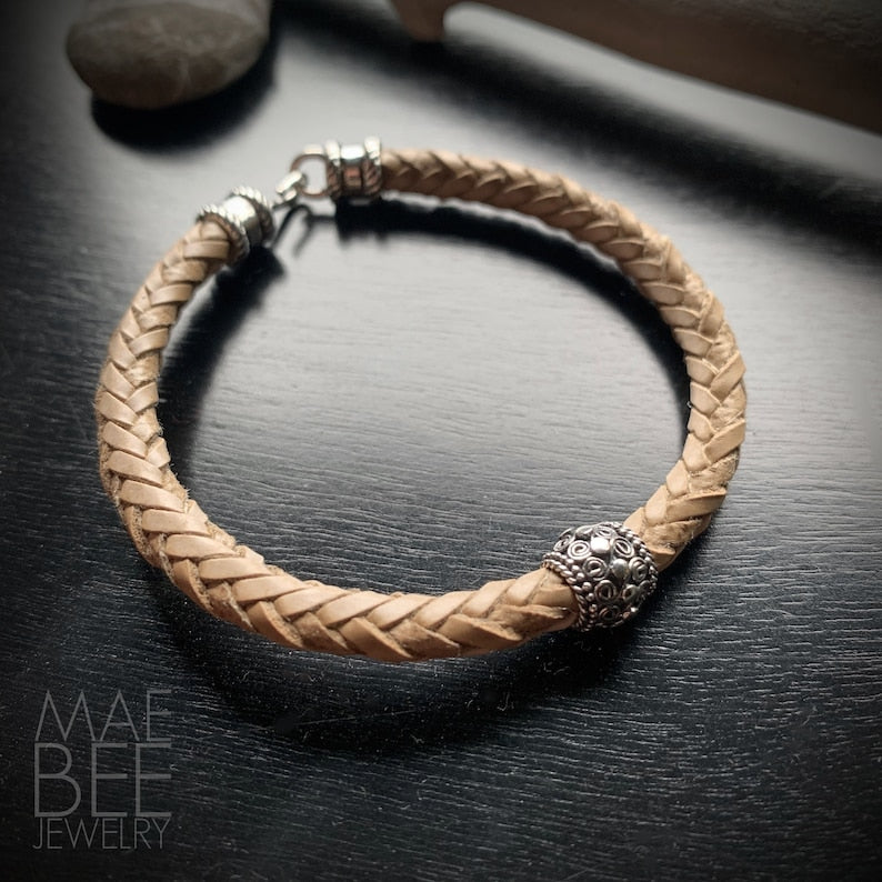 Braided Leather Bracelet: Sterling Silver Balinese Bead, Hook Clasp