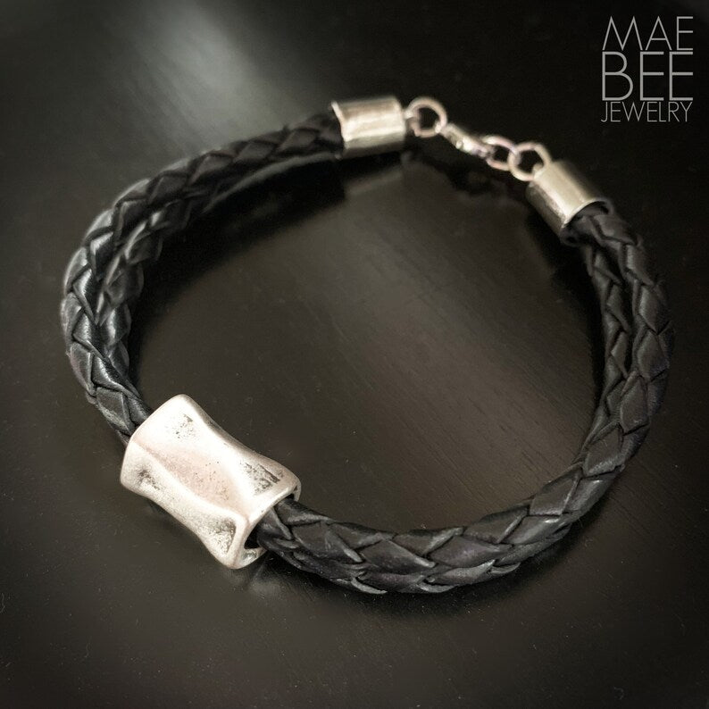 Black Braided Leather Bracelet: Rhodium Bead Stackable Jewelry