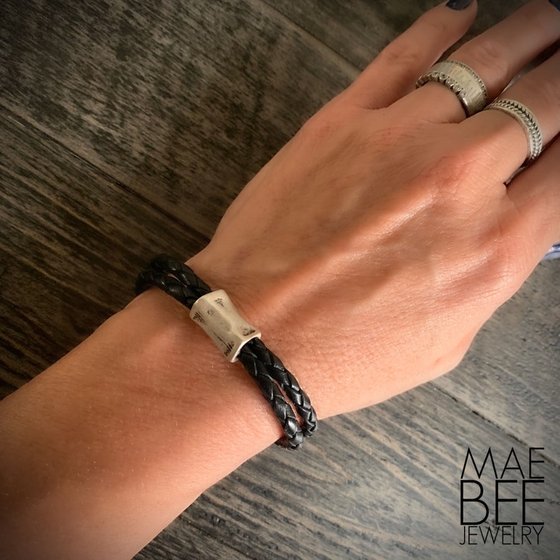 Black Braided Leather Bracelet: Rhodium Bead Stackable Jewelry