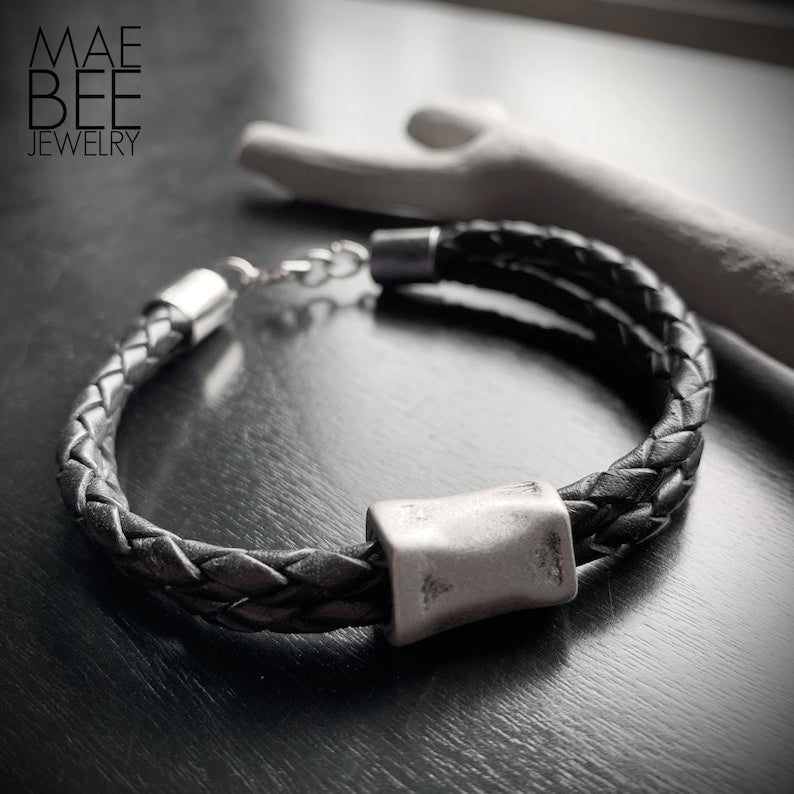 Black Braided Leather Bracelet: Rhodium Bead Stackable Jewelry