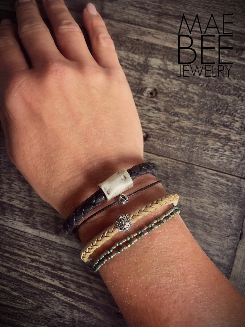 Braided Leather Bracelet: Rhodium Bead, Silver Clasp