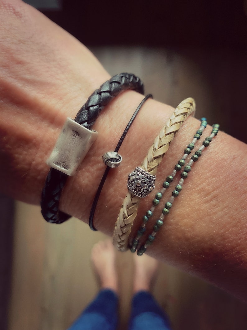 Black Braided Leather Bracelet: Silver Bead Stackable Bracelet