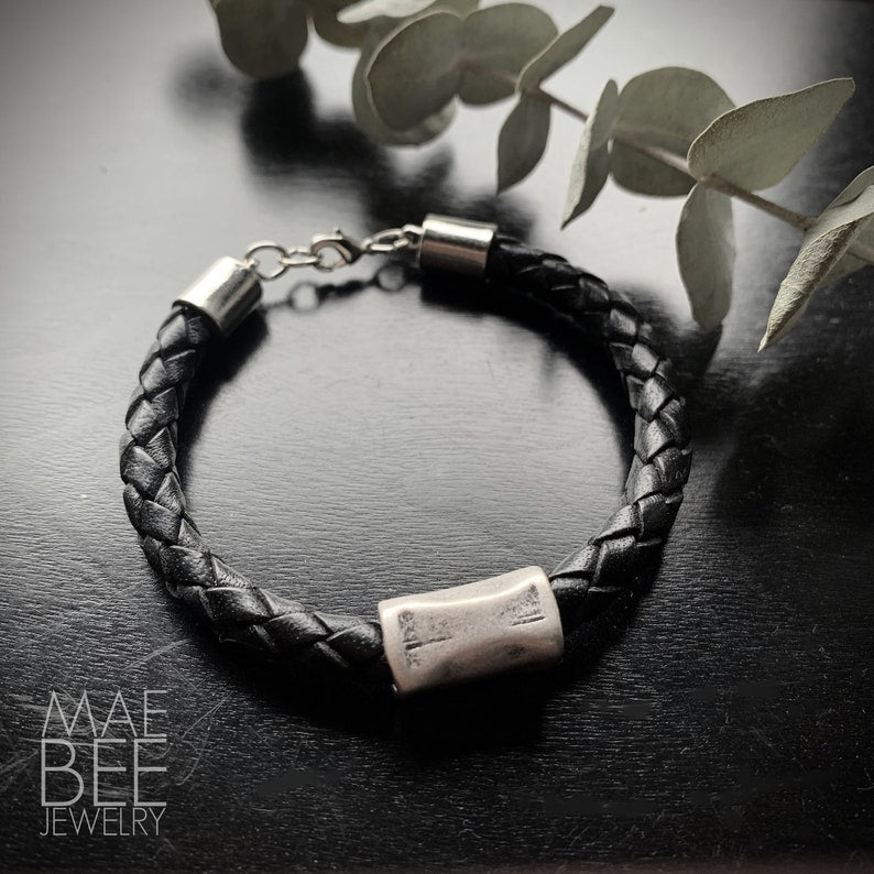Black Braided Leather Bracelet: Silver Bead Stackable Bracelet