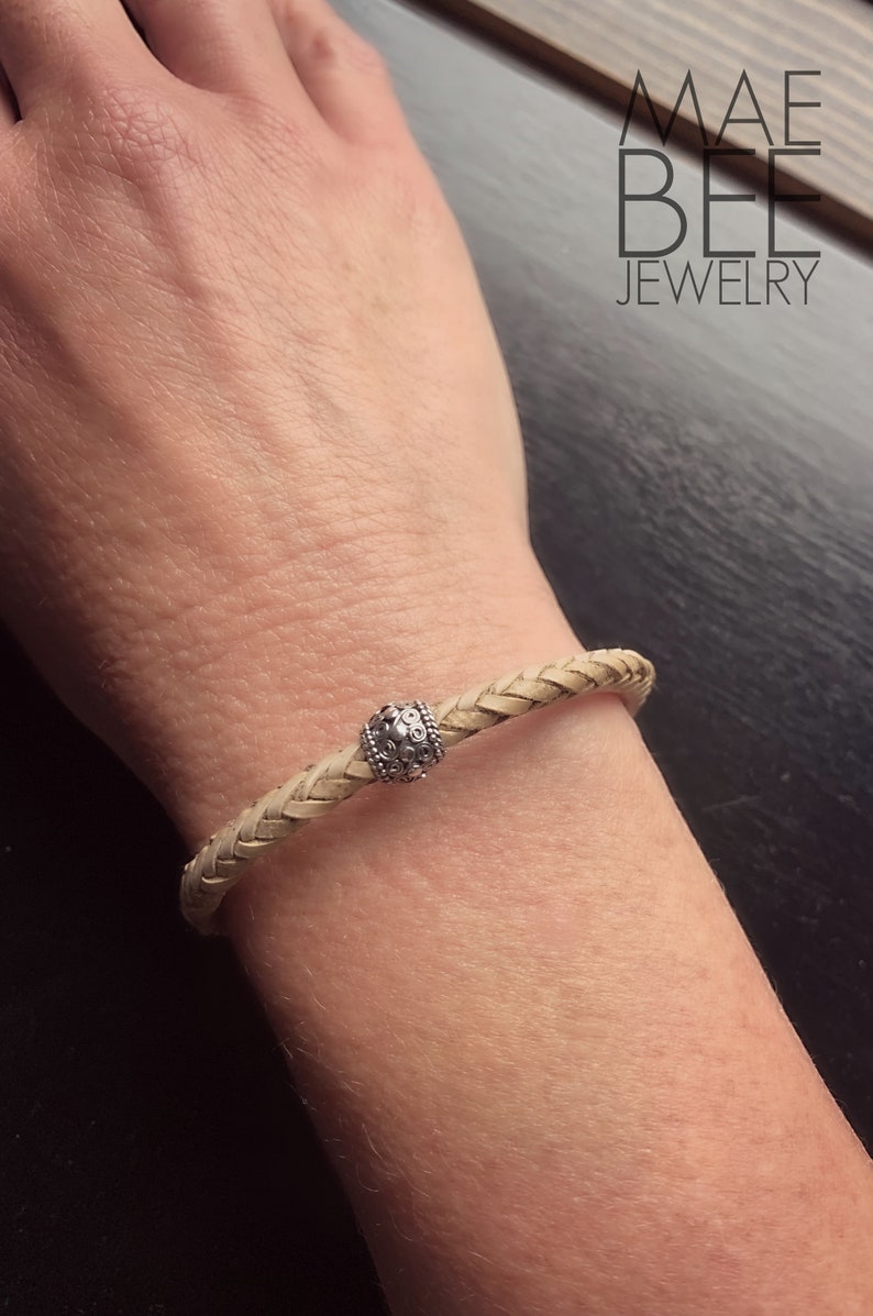Braided Leather Bracelet: Sterling Silver Balinese Bead, Hook Clasp