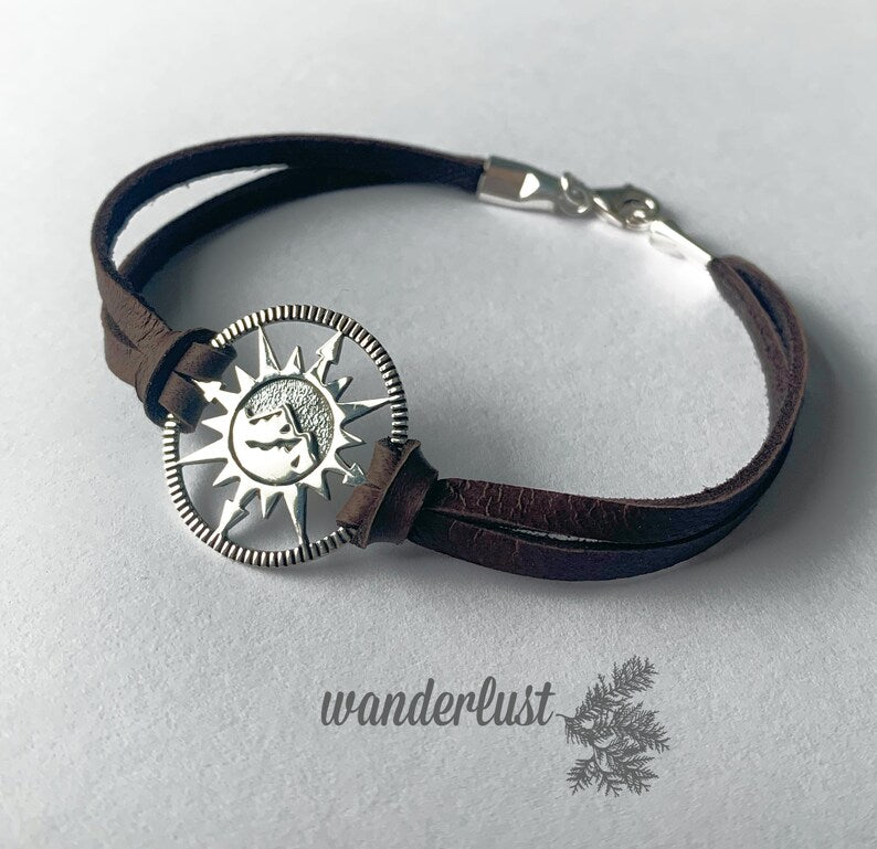 Sterling Silver Mountain Compass Leather Bracelet: Wanderlust Jewelry