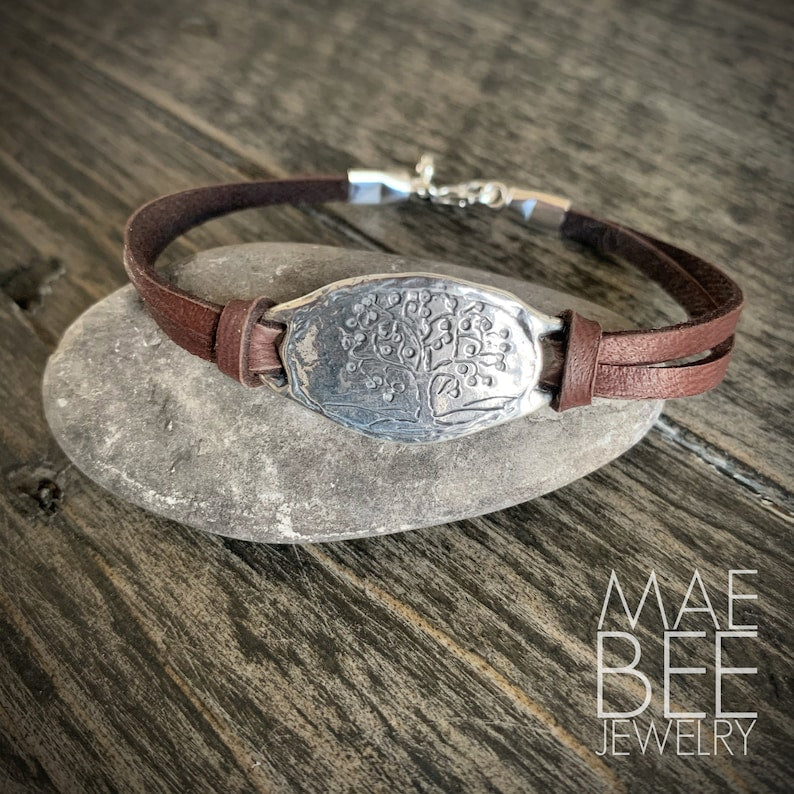 Tree of Life Leather Bracelet: Sterling Silver Boho Jewelry
