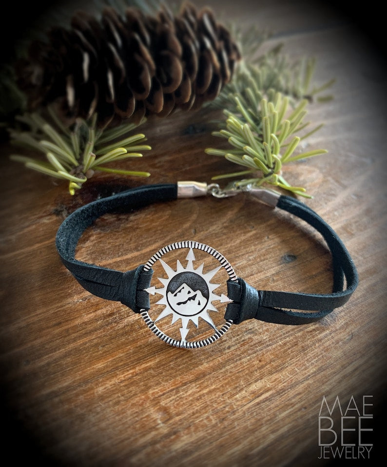 Sterling Silver Mountain Compass Leather Bracelet: Wanderlust Jewelry