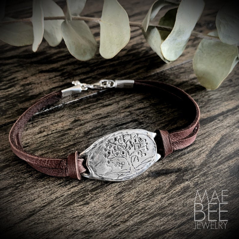Tree of Life Leather Bracelet: Sterling Silver Boho Jewelry