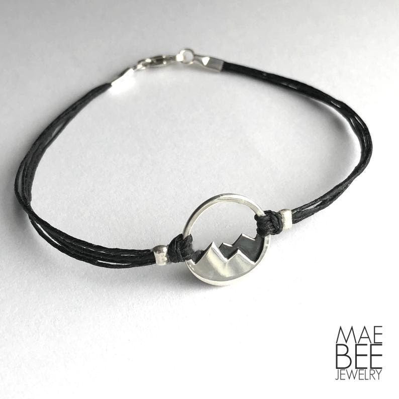 Sterling Silver Mountain Bracelet: Oxidized Detail, Linen Cord