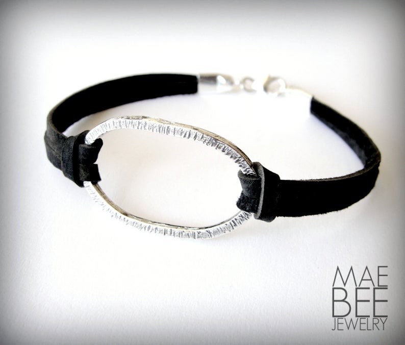 Oxidized Sterling Silver Oval Leather Bracelet: Harmony Jewelry