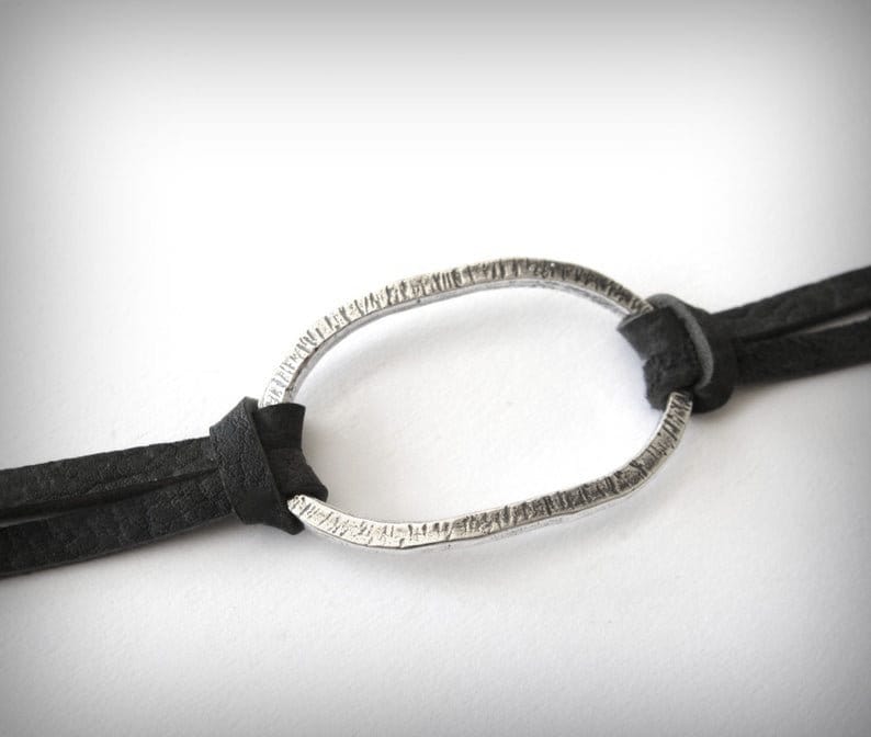 Oxidized Sterling Silver Oval Leather Bracelet: Harmony Jewelry