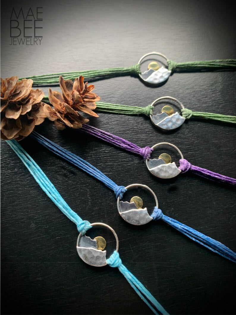 Sterling Silver Mountain Range Bracelet: Bronze Sun, Black Linen Cord