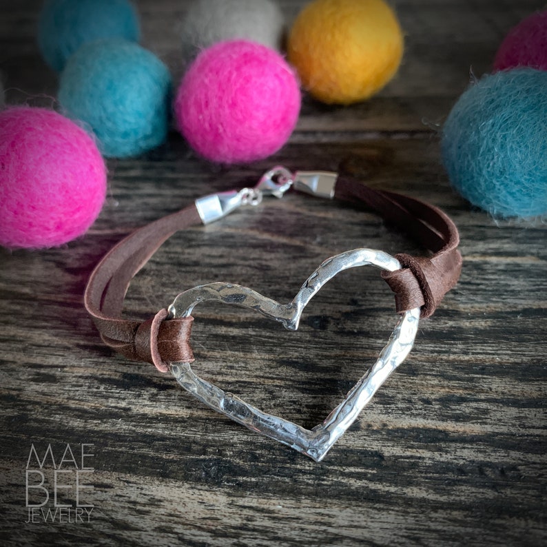 Oxidized Sterling Silver Heart Bracelet: Brown Deerskin Leather