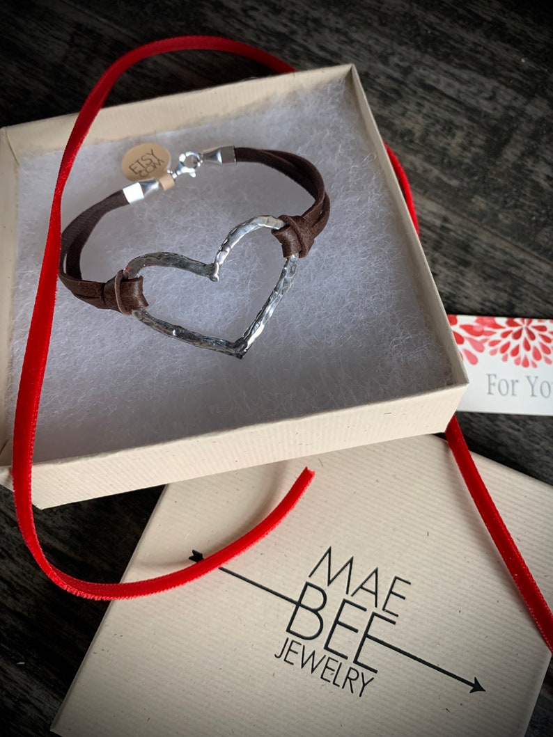 Oxidized Sterling Silver Heart Bracelet: Brown Deerskin Leather