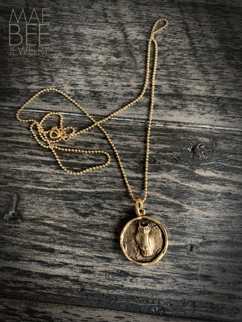 LAST ONE - Gold Owl Pendant Necklace: Woodland Talisman Jewelry