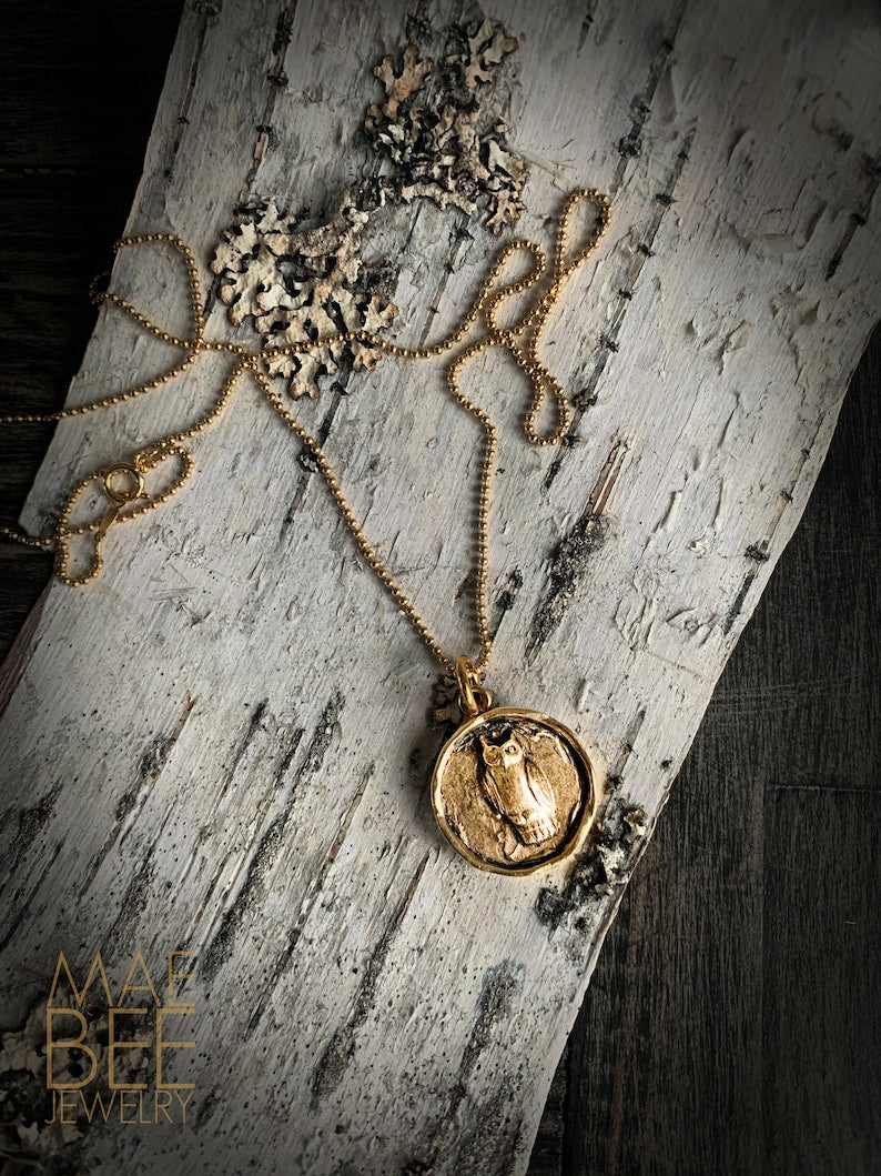 LAST ONE - Gold Owl Pendant Necklace: Woodland Talisman Jewelry