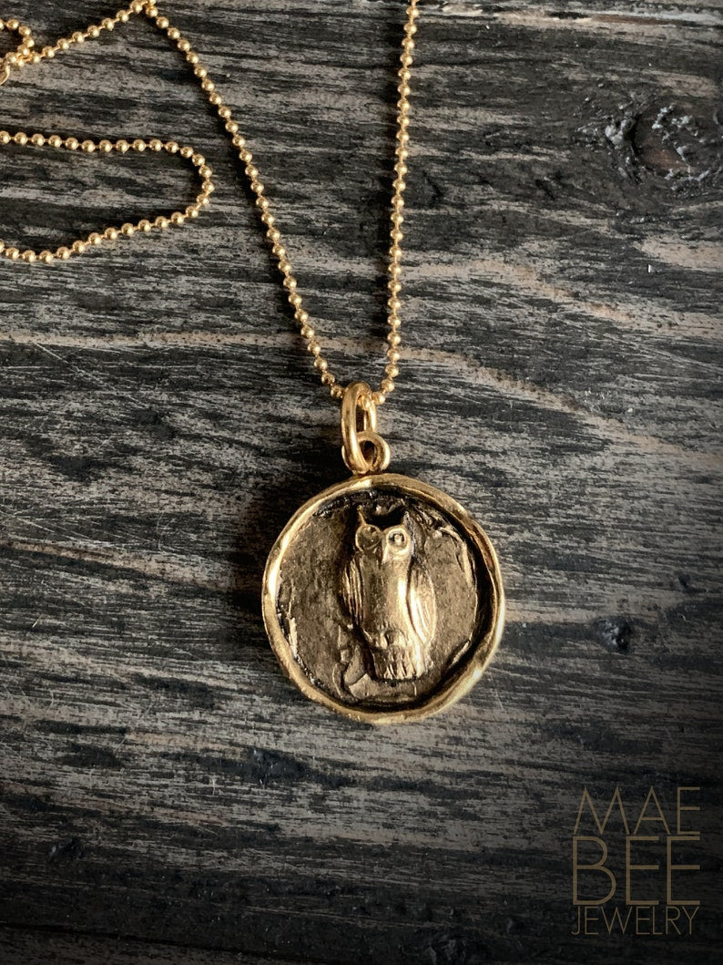 LAST ONE - Gold Owl Pendant Necklace: Woodland Talisman Jewelry