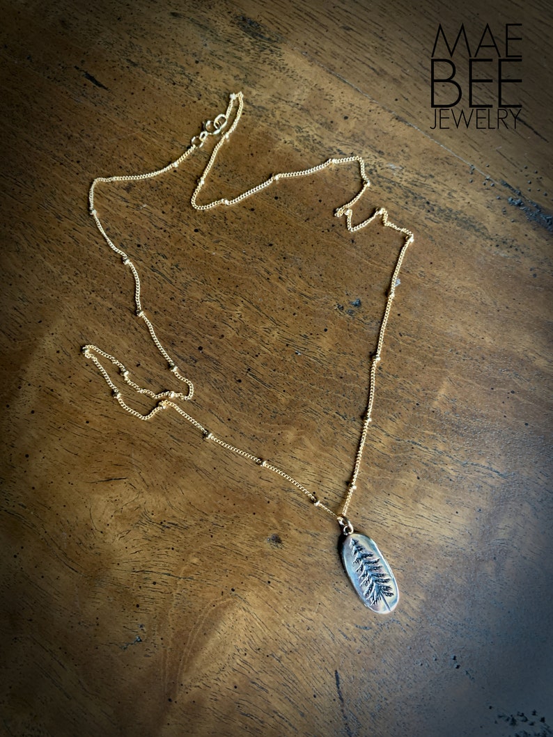Bronze Pine Tree Necklace: Gold-Fill Chain Hiker Jewelry