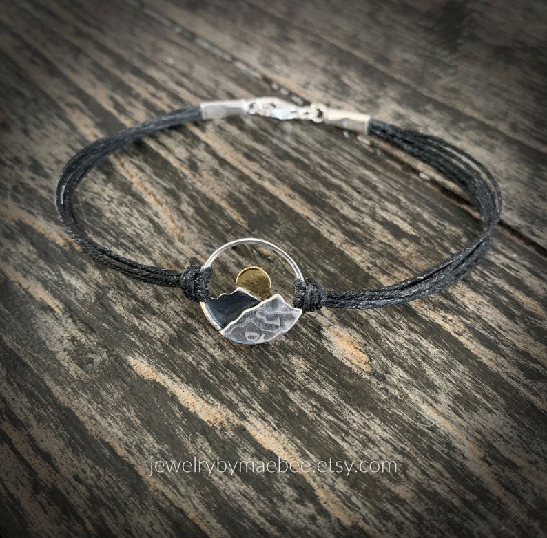 Sterling Silver Mountain Range Bracelet: Bronze Sun, Black Linen Cord