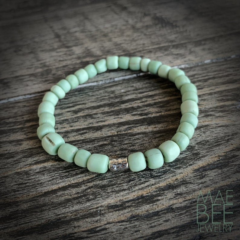 Green Java Glass Bead Bracelet: Sterling Silver Accent, Yoga Jewelry