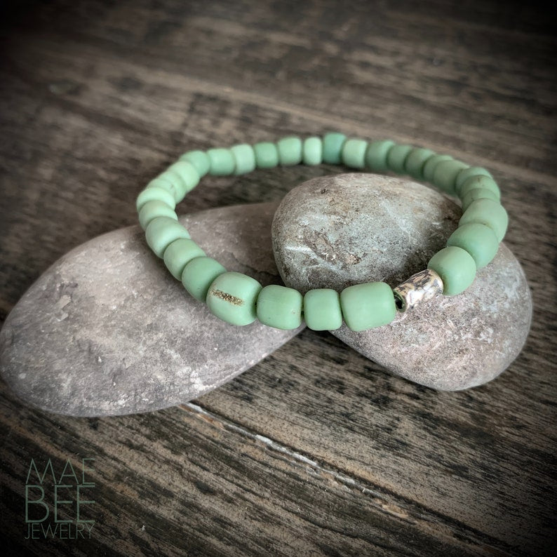 Green Java Glass Bead Bracelet: Sterling Silver Accent, Yoga Jewelry