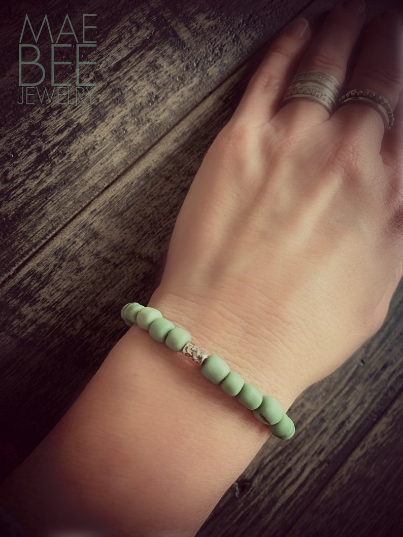 Green Java Glass Bead Bracelet: Sterling Silver Accent, Yoga Jewelry
