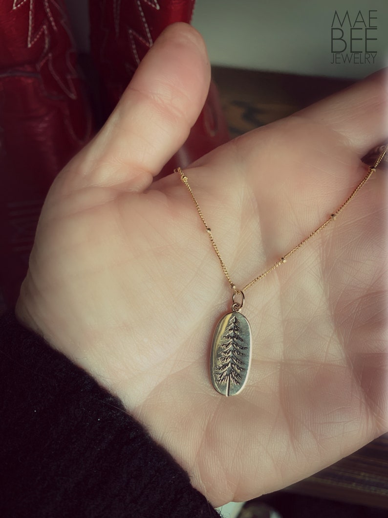 Bronze Pine Tree Necklace: Gold-Fill Chain Hiker Jewelry