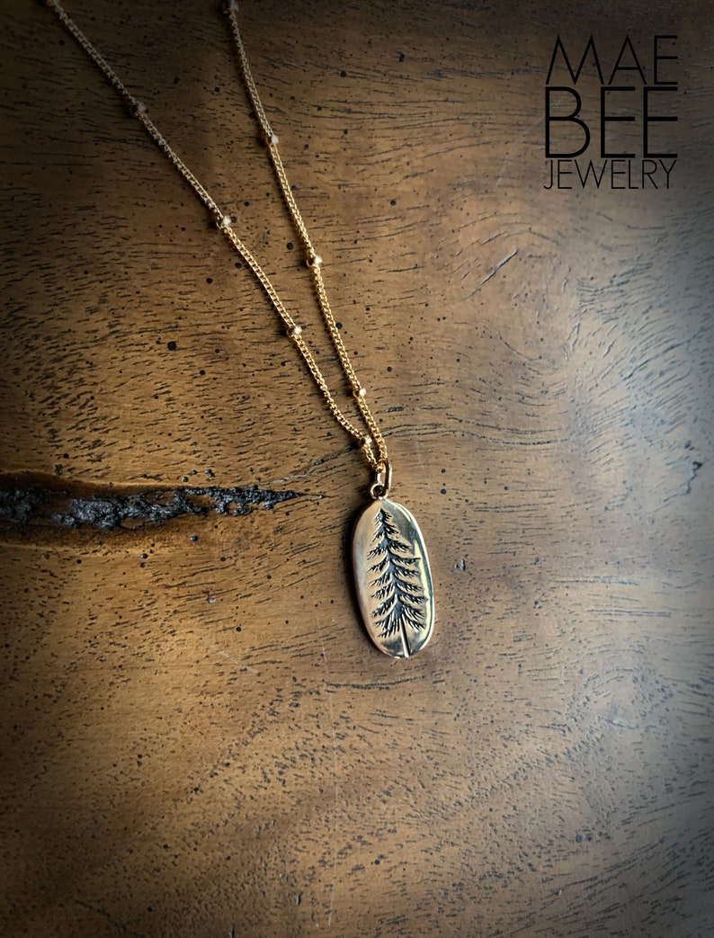 Bronze Pine Tree Necklace: Gold-Fill Chain Hiker Jewelry