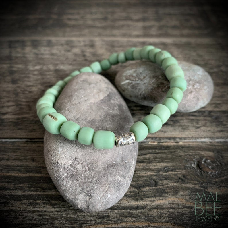 Green Java Glass Bead Bracelet: Sterling Silver Accent, Yoga Jewelry