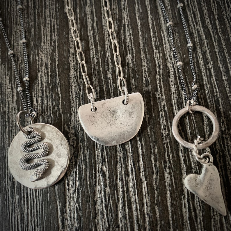 Oxidized Sterling Silver Snake Necklace: Pewter Disc Charm, Beaded Chain