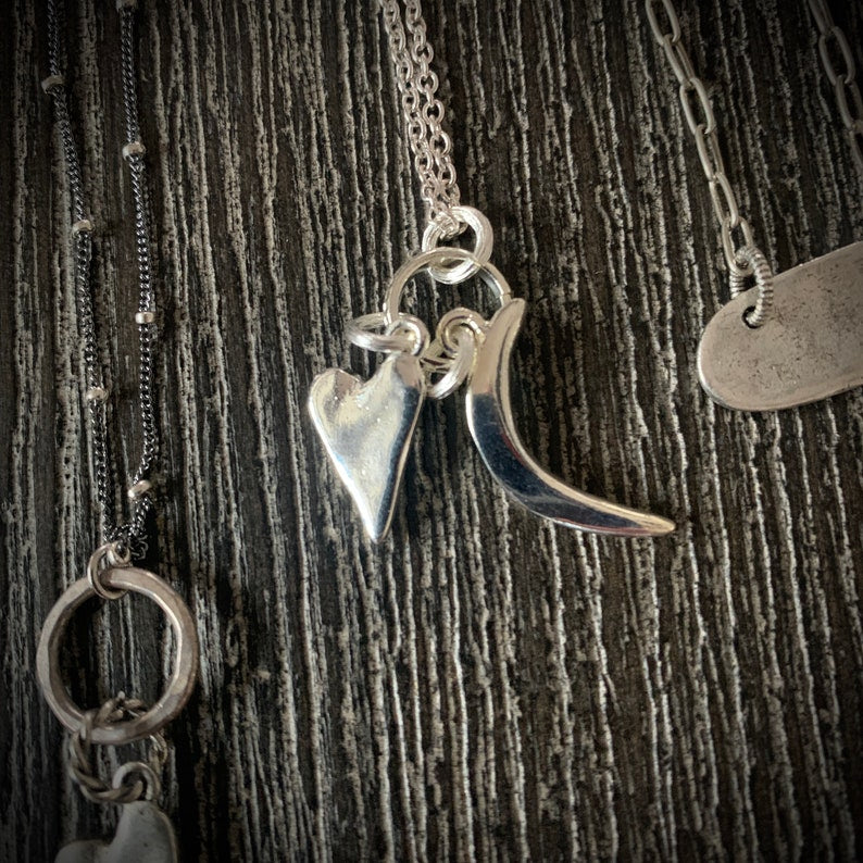 One-of-a-Kind Silver Charm Necklace: Snake, Heart, Moon