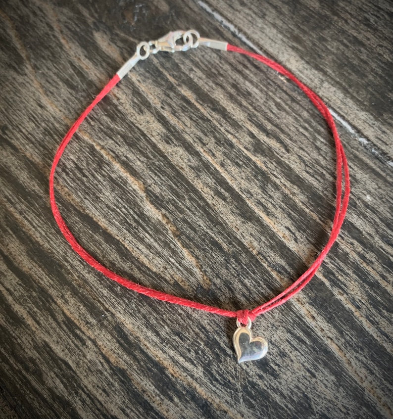 Sterling Silver Heart Bracelet: Red Waxed Linen Cord