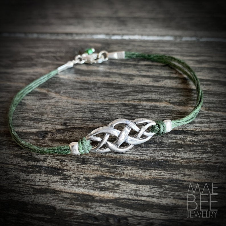 Sterling Silver Celtic Knot Bracelet: Green Irish Linen Cord - Number One Seller