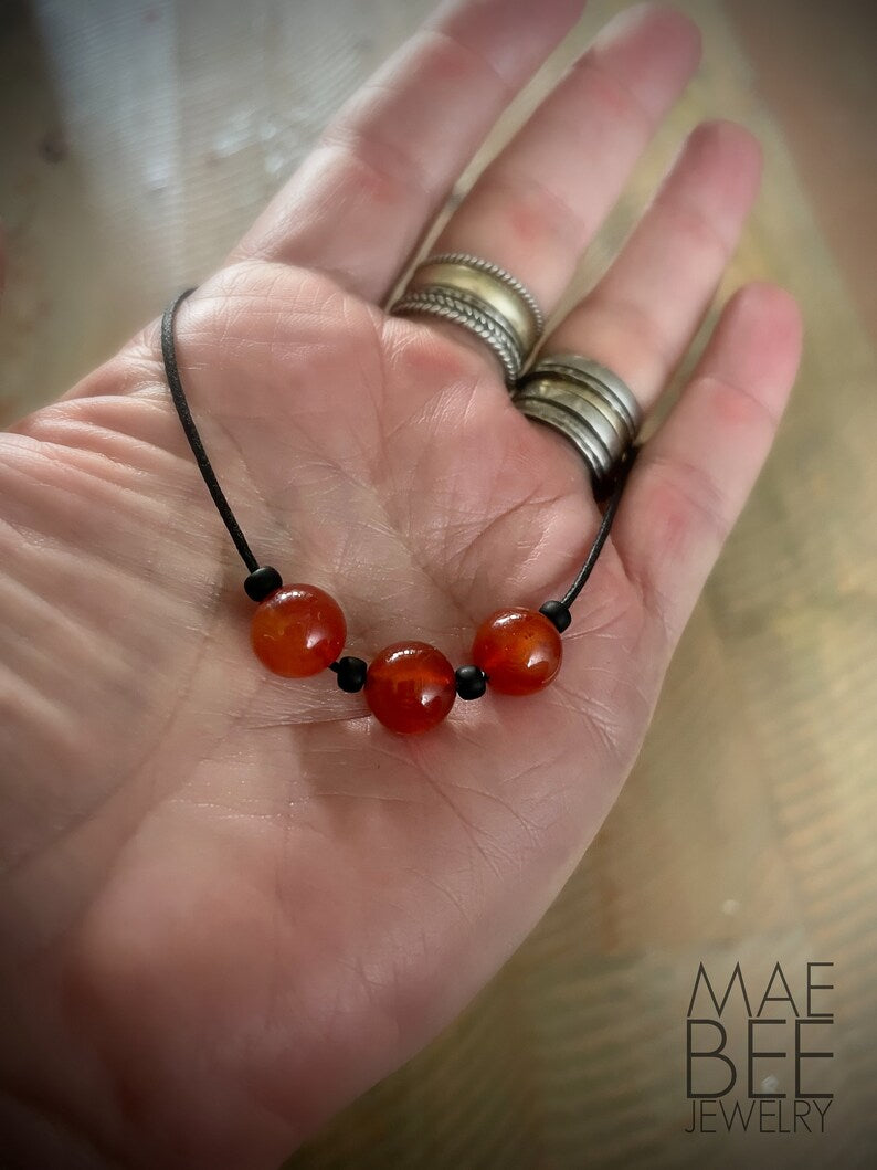 Carnelian Beaded Leather Necklace: Sterling Silver Clasp, Zen Jewelry